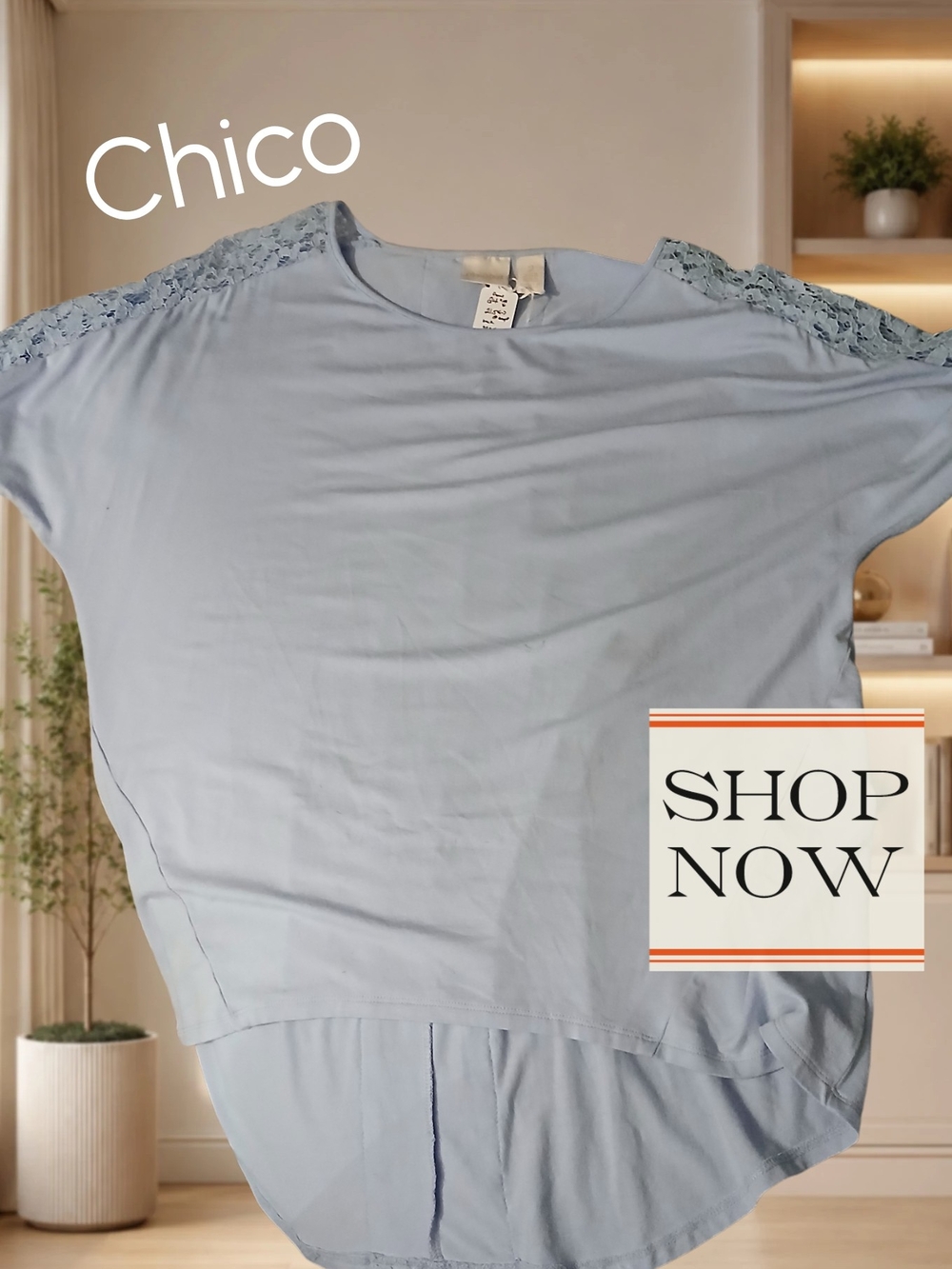 Chico's Pale Blue Lace-Shoulder High-Low Tee